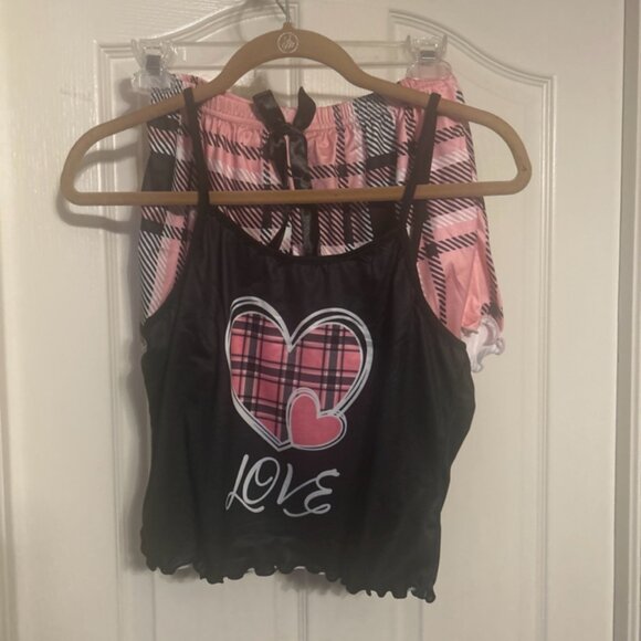 Pajamas Pjs 2 Set Size S Pink & Black Plaid Women's Spaghetti Straps Shorts New - Picture 1 of 10